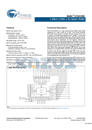 CY62128ELL-45SXA datasheet - 1-Mbit (128K x 8) Static RAM