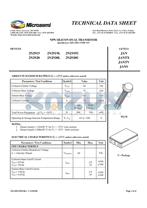 2N2919L datasheet - NPN SILICON DUAL TRANSISTOR