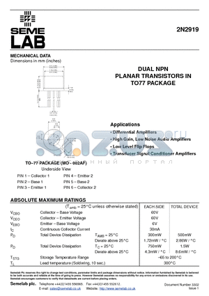 2N2919 datasheet - DUAL NPN PLANAR TRANSISTORS IN TO77 PACKAGE