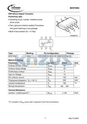 BCR169U datasheet - PNP Silicon Digital Transistor