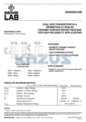 2N2920DCSM_03 datasheet - DUAL NPN TRANSISTORS IN A HERMETICALLY SEALED CERAMIC SURFACE MOUNT PACKAGE FOR HIGH RELIABILITY APPLICATIONS