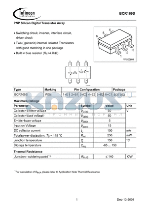 BCR169S datasheet - PNP Silicon Digital Transistor Array