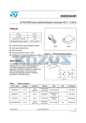 2N2920AHR datasheet - Hi-Rel NPN dual matched bipolar transistor 60 V - 0.03 A