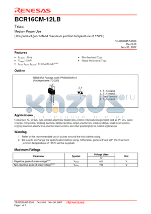 BCR16CM-12LB-A8 datasheet - Triac Medium Power Use (The product guaranteed maximum junction temperature of 150`C)