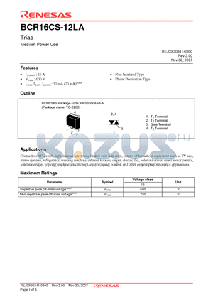 BCR16CS-12LA datasheet - Triac Medium Power Use