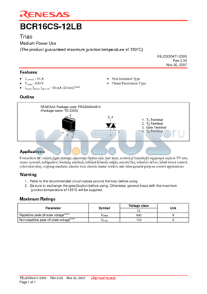 BCR16CS-12LB datasheet - Triac Medium Power Use (The product guaranteed maximum junction temperature of 150`C)