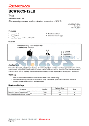 BCR16CS-12LB-T11 datasheet - Triac Medium Power Use (The product guaranteed maximum junction temperature of 150`C)