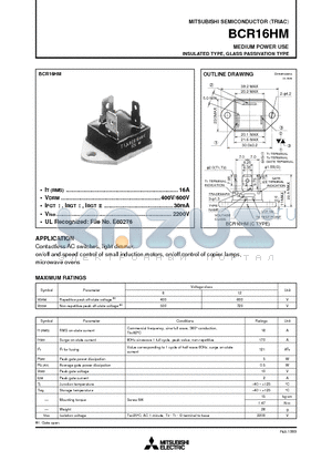 BCR16HM datasheet - MEDIUM POWER USE INSULATED TYPE, GLASS PASSIVATION TYPE