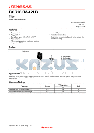 BCR16KM-12LB datasheet - Triac Medium Power Use