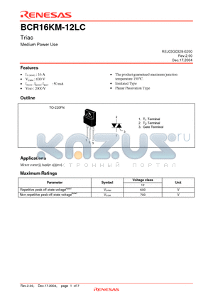 BCR16KM-12LC-A8 datasheet - Triac Medium Power Use