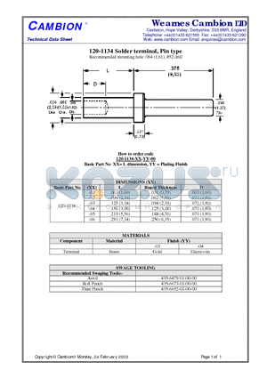 120-1134 datasheet - Solder terminal, Pin type