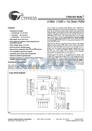 CY62136CV datasheet - 2-Mbit (128K x 16) Static RAM