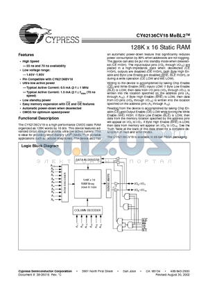 CY62136CV18LL-55BVI datasheet - 128K x 16 Static RAM