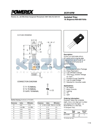 BCR16PM datasheet - Isolated Triac 16 Amperes/400-600 Volts