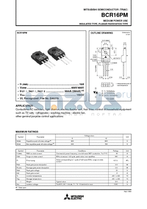 BCR16PM datasheet - MEDIUM POWER USE INSULATED TYPE, PLANAR PASSIVATION TYPE