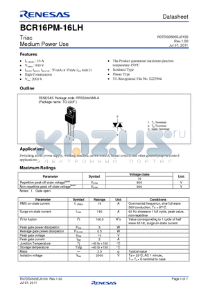 BCR16PM-16LH datasheet - Triac medium Power Use