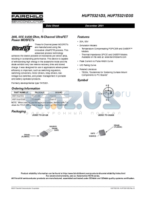 75321D datasheet - 20A, 55V, 0.036 Ohm, N-Channel UltraFET Power MOSFETs