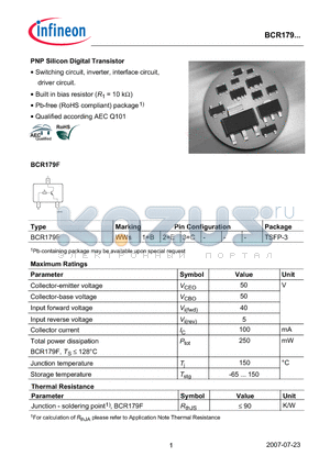 BCR179 datasheet - PNP Silicon Digital Transistor