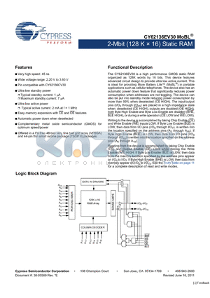 CY62136EV30_1106 datasheet - 2-Mbit (128 K x 16) Static RAM Automatic power down when deselected