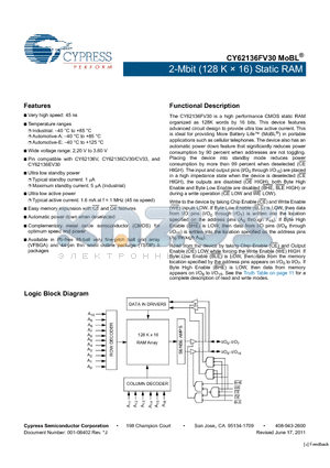CY62136FV30 datasheet - 2-Mbit (128 K x 16) Static RAM Automatic power down when deselected