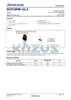 BCR16PM-12LA datasheet - Triac Medium Power Use
