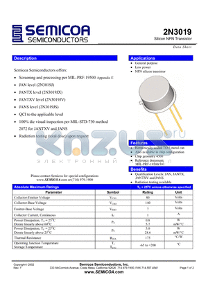 2N3019 datasheet - Silicon NPN Transistor