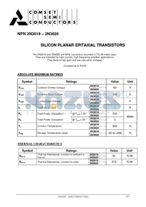 2N3019 datasheet - SILICON PLANAR EPITAXIAL TRANSISTORS