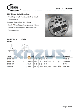 BCR179T datasheet - PNP Silicon Digital Transistor