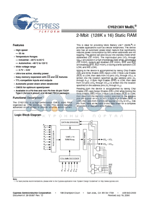 CY62136V datasheet - 2-Mbit (128K x 16) Static RAM