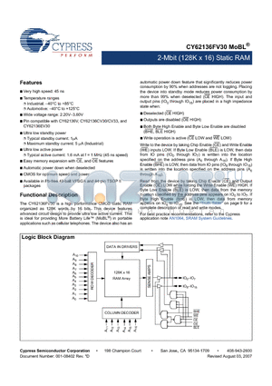 CY62136FV30LL-45ZSXI datasheet - 2-Mbit (128K x 16) Static RAM