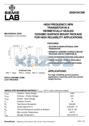 2N3019CSM datasheet - HIGH FREQUENCY, NPN TRANSISTOR IN A HERMETICALLY SEALED CERAMIC SURFACE MOUNT PACKAGE FOR HIGH RELIABILITY APPLICATIONS