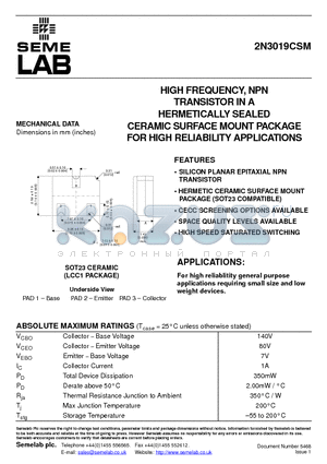 2N3019CSM datasheet - HIGH FREQUENCY, NPN TRANSISTOR