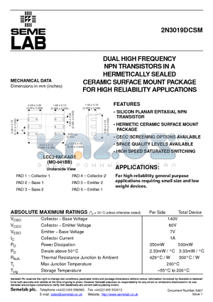 2N3019DCSM datasheet - DUAL HIGH FREQUENCY NPN TRANSISTORS IN A HERMETICALLY SEALED CERAMIC SURFACE MOUNT PACKAGE FOR HIGH RELIABILITY APPLICATIONS