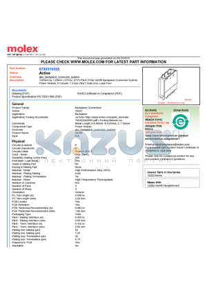 75331-0335 datasheet - 1.85mm by 1.85mm (.073 by .073) Pitch 3-Pair GbX^ Backplane Connector System, Power Module, 6 Circuits, 1.27lm (50l) Gold (Au), Lead Free