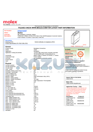 75331-0447 datasheet - 1.85mm by 1.85mm (.073 by .073) Pitch 3-Pair GbX^ Backplane Connector System, Power Module, 6 Circuits,1.27lm (50l) Gold (Au)