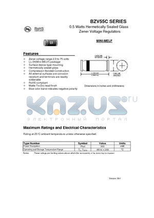 BZV55C datasheet - 0.5 Watts Hermetically Sealed Glass Zener Voltage Regulators