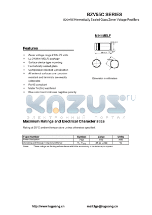 BZV55C datasheet - 500mW.Hermetically Sealed Glass Zener Voltage Rectifiers