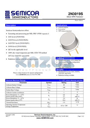 2N3019S datasheet - Silicon NPN Transistor