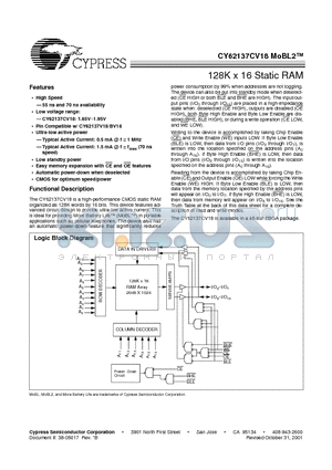 CY62137CV18LL-55BAI datasheet - 128K x 16 Static RAM