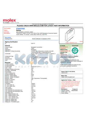 75341-2522 datasheet - 1.85mm by 1.85mm (.073 by .073) Pitch 4-Pair GbX^ Backplane Connector System, Power Module, 12 Circuits, 1.27lm (50l) Gold (Au), Lead Free