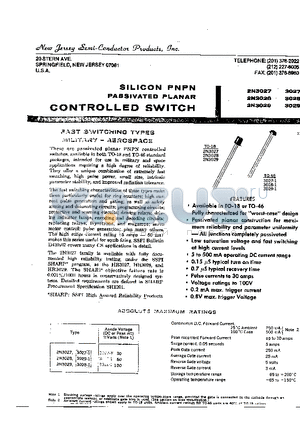 2N3027 datasheet - SILICON PNPN PASSIVATED PLANAR CONTROLLED SWITCH