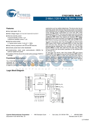 CY62136ESL datasheet - 2-Mbit (128 K x 16) Static RAM Ultra low standby power