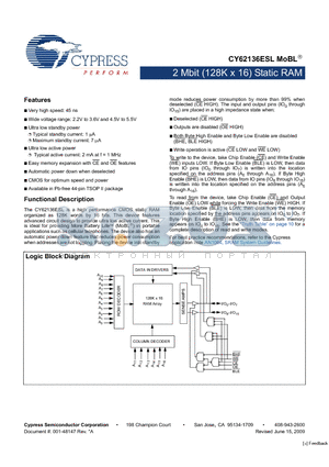 CY62136ESL-45ZSXI datasheet - 2 Mbit (128K x 16) Static RAM