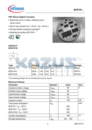 BCR191F datasheet - PNP Silicon Digital Transistor
