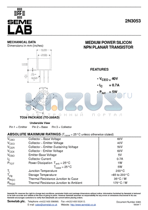 2N3053_02 datasheet - MEDIUM POWER SILICON NPN PLANAR TRANSISTOR