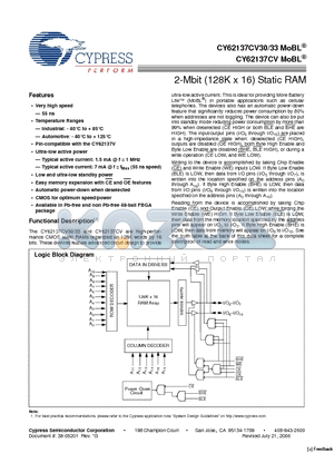 CY62137CV30LL-70BVI datasheet - 2-Mbit (128K x 16) Static RAM