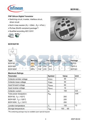 BCR192F datasheet - PNP Silicon Digital Transistor