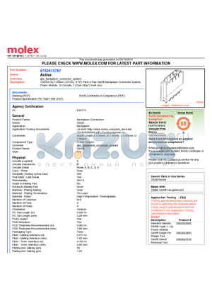 75341-4767 datasheet - 1.85mm by 1.85mm (.073 by .073) Pitch 4-Pair GbX^ Backplane Connector System, Power Module, 12 Circuits, 1.27lm (50l) Gold (Au)