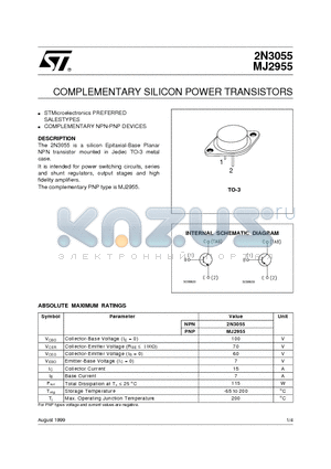 2N3055 datasheet - COMPLEMENTARY SILICON POWER TRANSISTORS