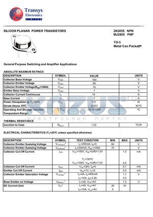 2N3055 datasheet - SILICON PLANAR POWER TRANSISTORS